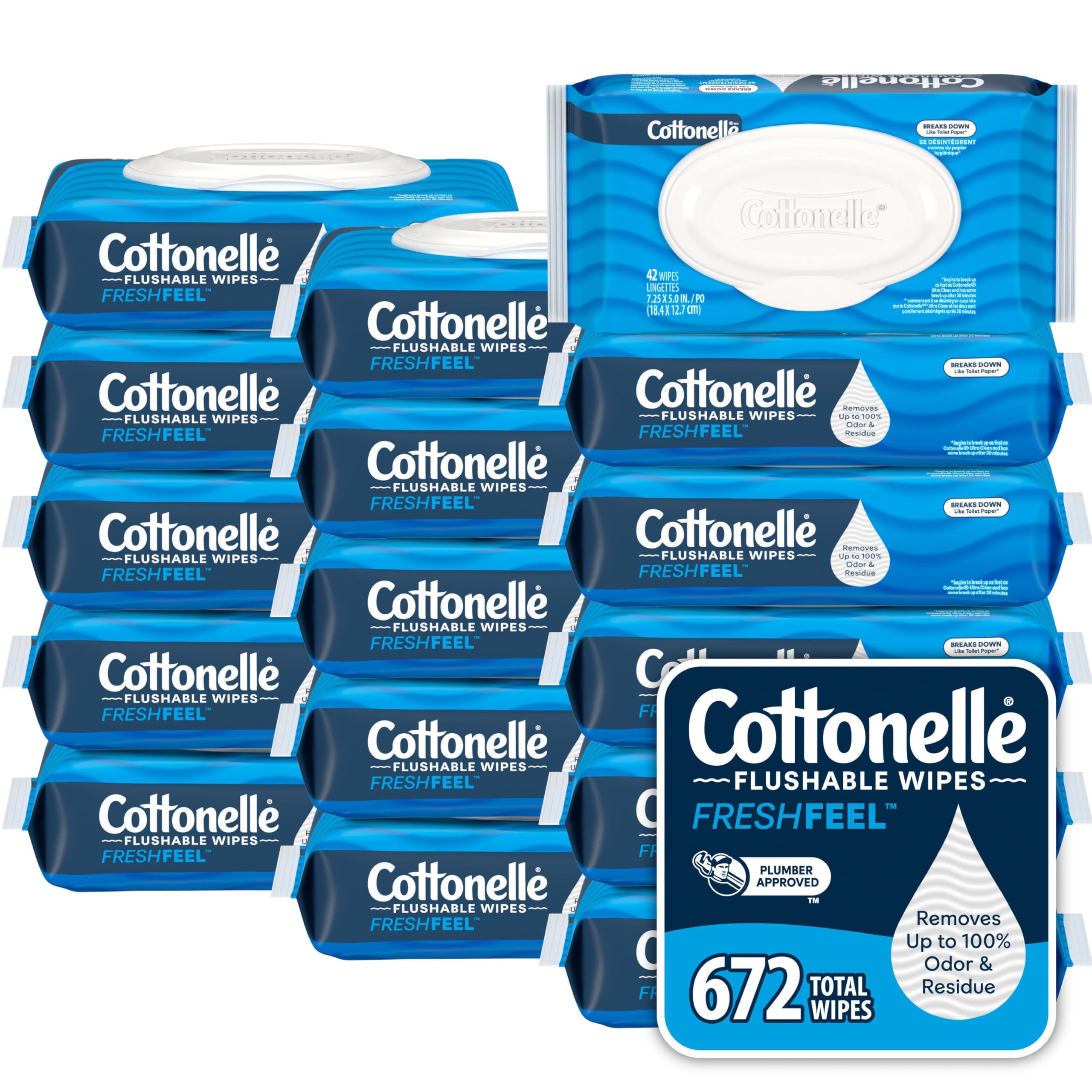Cottonelle Fresh Feel Flushable Wet Wipes, Adult Wet Wipes, 16 Flip-Top Packs, 42 Wipes Per Pack (672 Total Wipes), Packaging May Vary Image