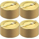Zhehao 240 Pcs Dessert Plates with Mini Forks for 120 Guests, Includes 120 Set 7'' Disposable Cake Plates and 7.5'' Mini Dessert Forks for Wedding, Birthday Party, Mother's Day(Gold)