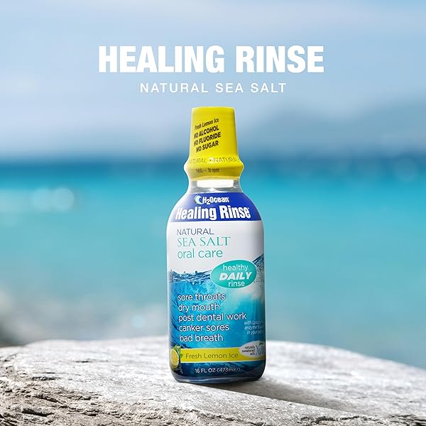 H2OCEAN HEALING RINSE NATURAL SEA SALT ORAL CARE – MOUTH RINSE FOR ORAL CARE – GREAT FOR PIERCINGS, SORE THROATS & GUM HEALTH – ALCOHOL- & FLUORIDE-FREE MOUTHWASH – LEMON ICE, 16 OZ