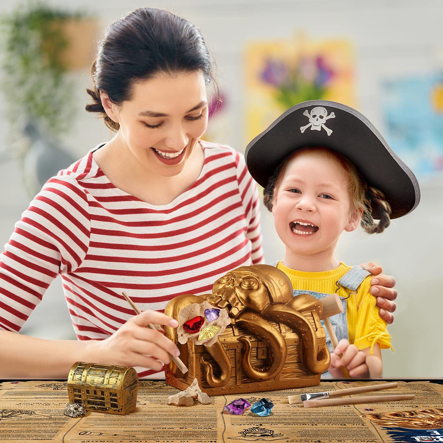 XXTOYS Jumbo Pirate Dig Kit - Dig up 12 Pirate Treasures, Gemstones, Gold Coins - Pirate Toys for Kids - Great Birthday Party Supplies, Gifts Idea for Boys & Girls - Includes Treasure Chest
