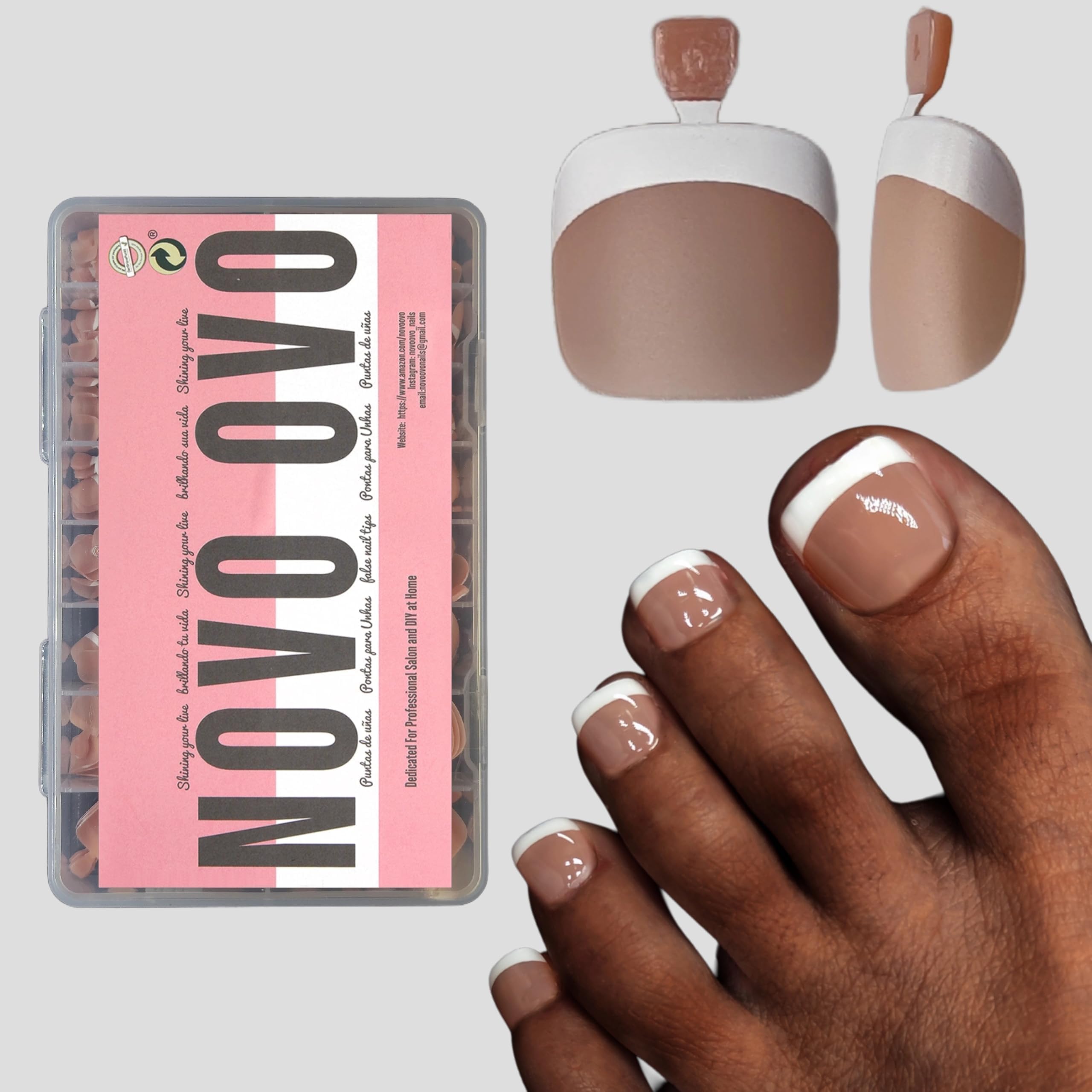 NOVO OVO Fake Toe Nail Tips Press on, French Tip Soft Gel Toenail Extension, BROWN PINK Square Round Pre-applied Tip Primer & Base Coat, Full Cover Matte False Nails for DIY x 15 Sizes 360Pcs — image 1