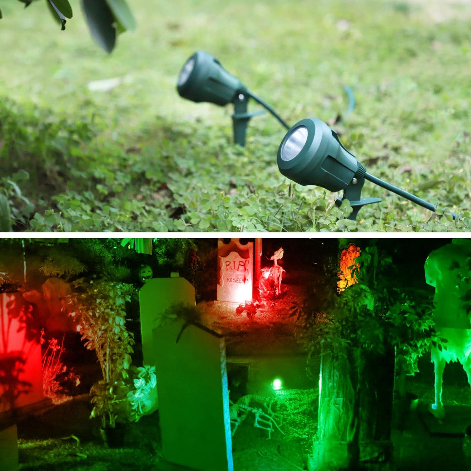DEWENWILS Outdoor Halloween Spotlight Stake Plug in, 400lm LED Waterproof Landscape Flag Floodlight Spike with 3 Lenses (Red Yellow Green) for Tree, Yard Garden Decor, 5 FT Extension Cord, UL Listed - - 
