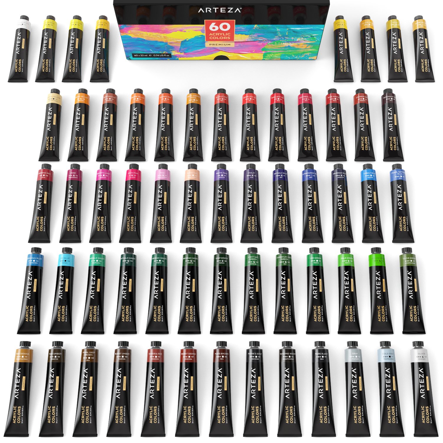 ARTEZA Acrylic Paint, Set of 60 Colors/Tubes (22 ml, 0.74 oz.) with