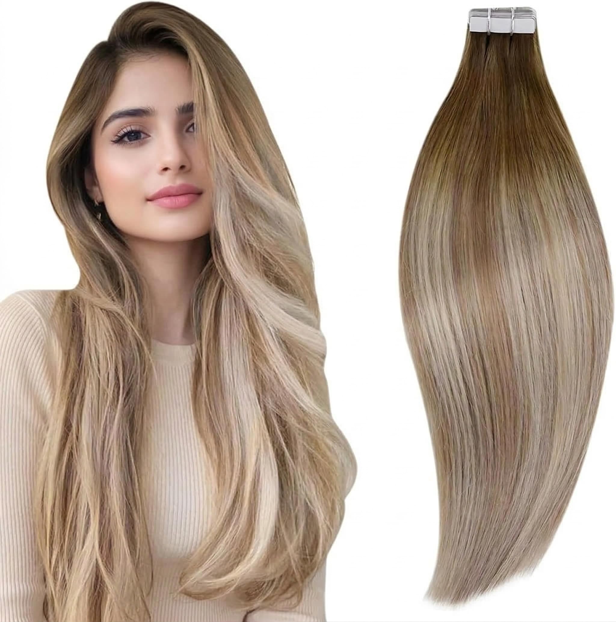 RUNATURE Tape in Hair Extensions Brown Ombre Blonde Human Hair Tape in Extensions Blonde Balayage Tape in Hair Extensions Human Hair 22 Inch 50 Gram