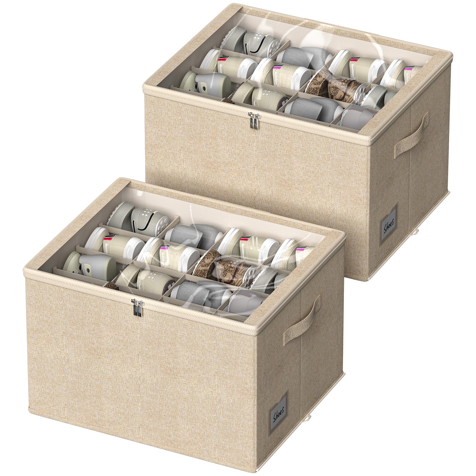 Photo 1 of 2 Pack Shoe Organizer for Closet - Fits up to 32 Pairs, Foldable Shoe Storage Bins with Clear Cover, Fabric Shoe Storage Containers with Reinforced Handles (Beige, 19.7x15.7x12.6in)