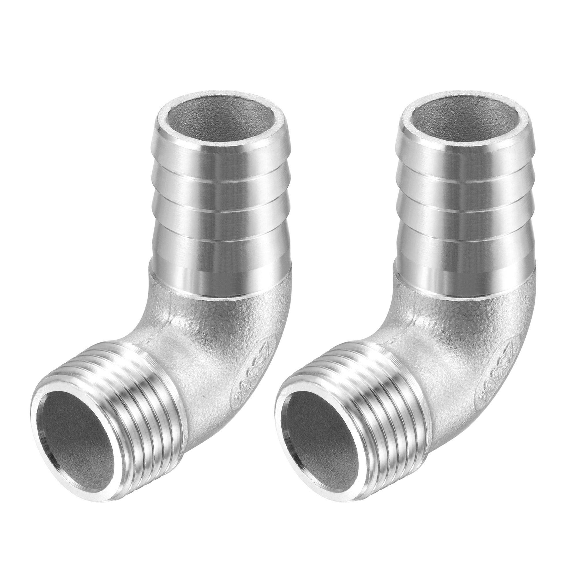 sourcing map 304 Stainless Steel Hose Barb Fitting Elbow, 20mm Barbed x G1/2 Male Pipe Connector Adapter for Water Fuel Air, Pack of 2