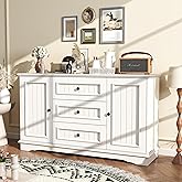 LABROSKIA Farmhouse White Sideboard with Drawers: 55" Fluted Buffet Cabinet with Storage and 3 Drawers, Mid Century Modern Cr