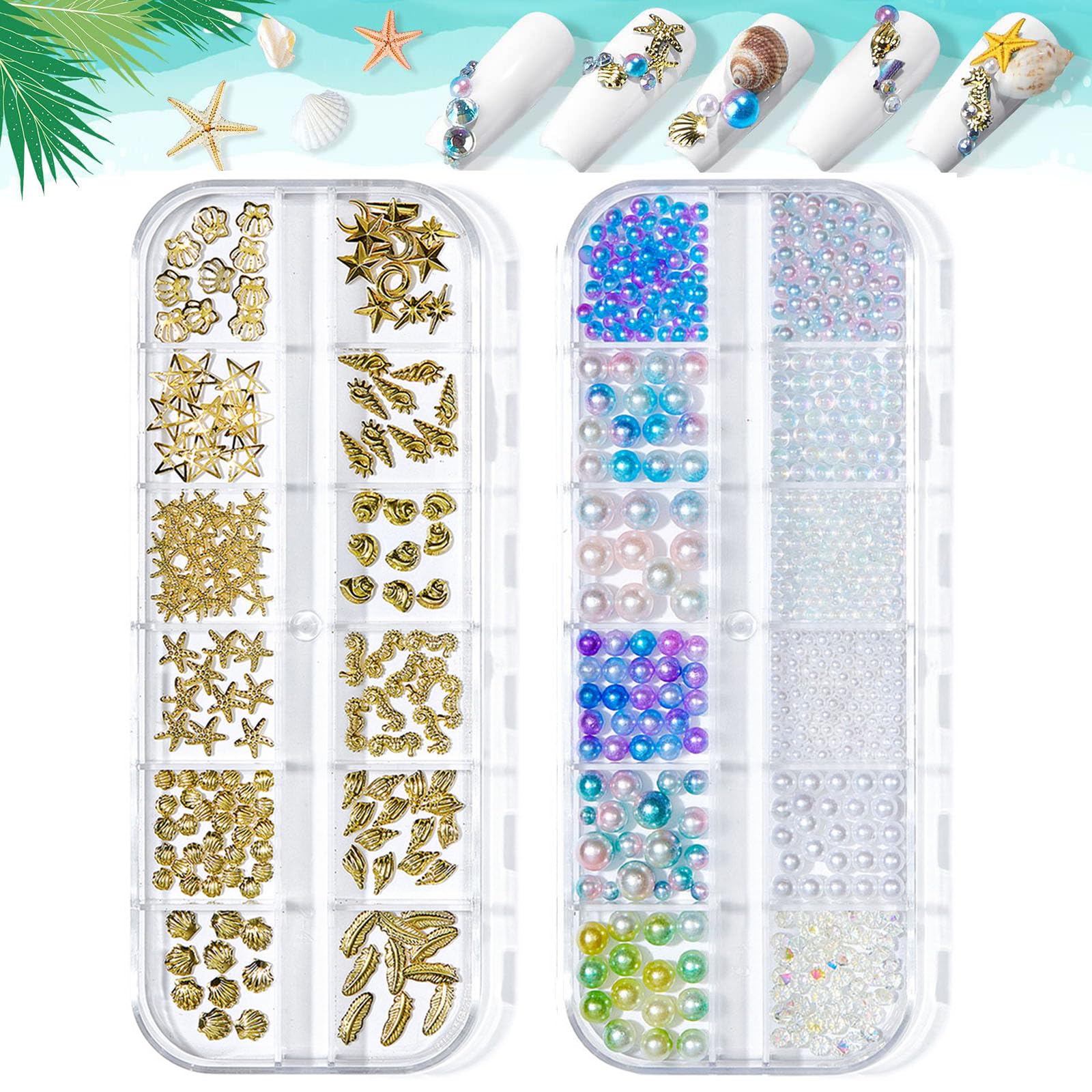 Ocean Themed Nail Charms, 2 Boxes - Shell, Star, Conch, Starfish, Pearl Nail Art Studs & Decorations - Colorful Beads, Metal 3D Designs for Manicure DIY Crafts — image 1
