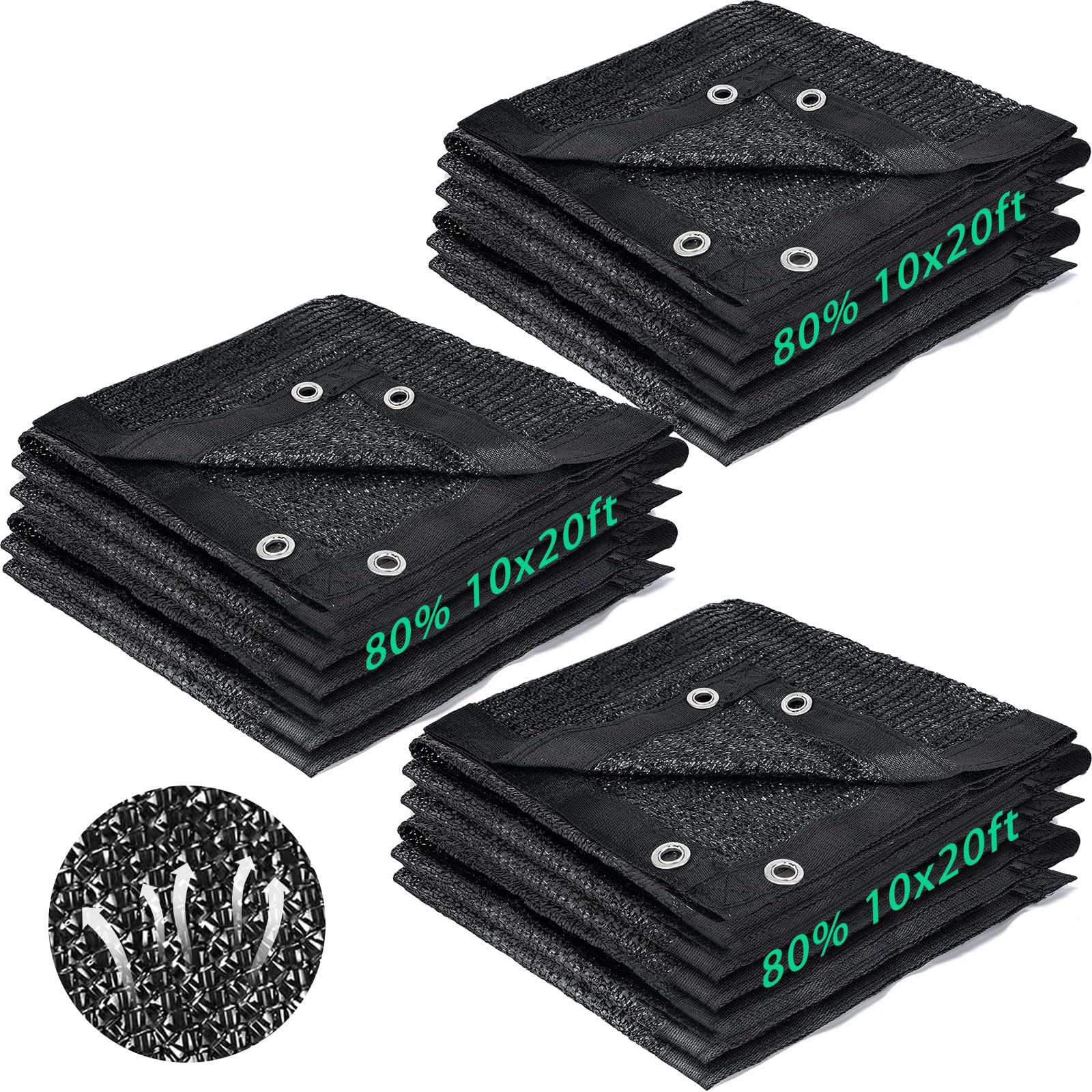 Photo 1 of Ribbonlic 3 Pcs 80% Shade Cloth 10 x 20 ft Black Shade Cloth Mesh Garden Mesh Shade Canopy with Reinforced Grommets Sun Mesh Tarp Shade Net for Greenhouse, Plant, Garden, Flowers Heat Protection
