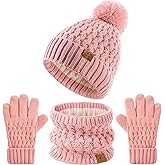 Kids Pompom Winter Beanie Hat Scart Gloves Set,Boys Girls Knitted Fleece Lined Woollen Hat for Children's Toddler 3-9 Years