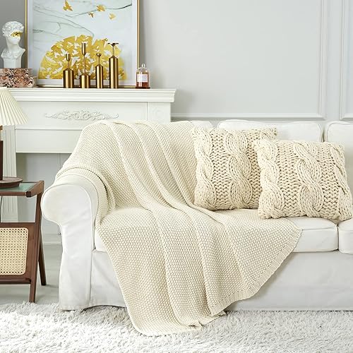 Longhui bedding Chunky Cable Knit Throw Blanket Lightweight Cream