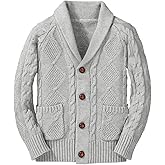 Boy's Sweater Cardigan Button Down Shawl Collar Cable Knitted Outwear Sweater Coats with Pockets
