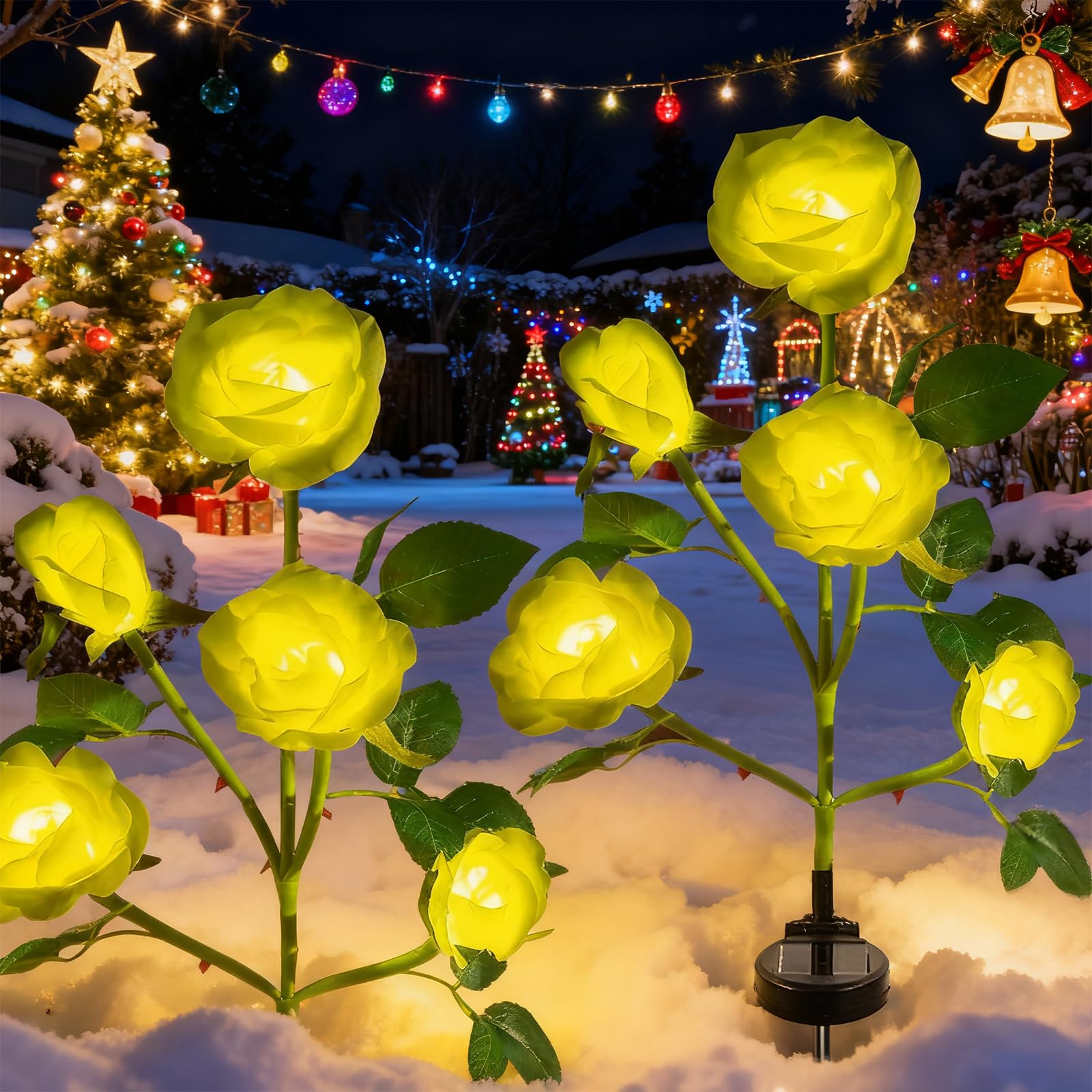 XVZ 2 Pack Solar Powered Rose Lights, Yellow, Waterproof, Outdoor Garden Patio Yard Pathway Party Decoration