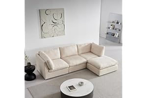 kevinplus 99'' Sectional Sofa Couch Cloud Sofa Couch Dupes with Feather Filled for Living Room, Modern Modular 3-Seat L-Shape Sofa Couch with Convertible Ottoman, Polyester Fabric, Beige