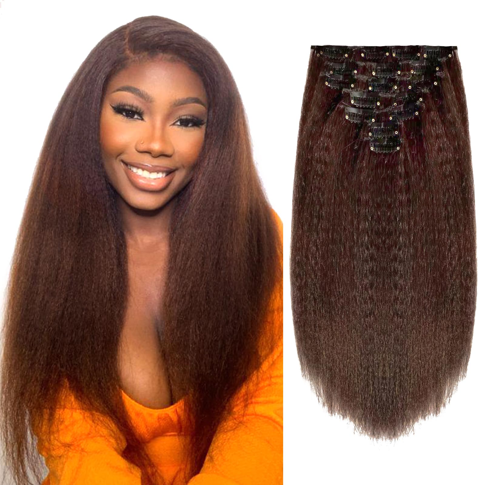 Photo 1 of 14 Inch Yaki Straight Clip in Hair Extensions, Synthetic 7 PCs Seamless Dark Brown Kinky Straight Clip ins Hair Extension for Black Women(#4)