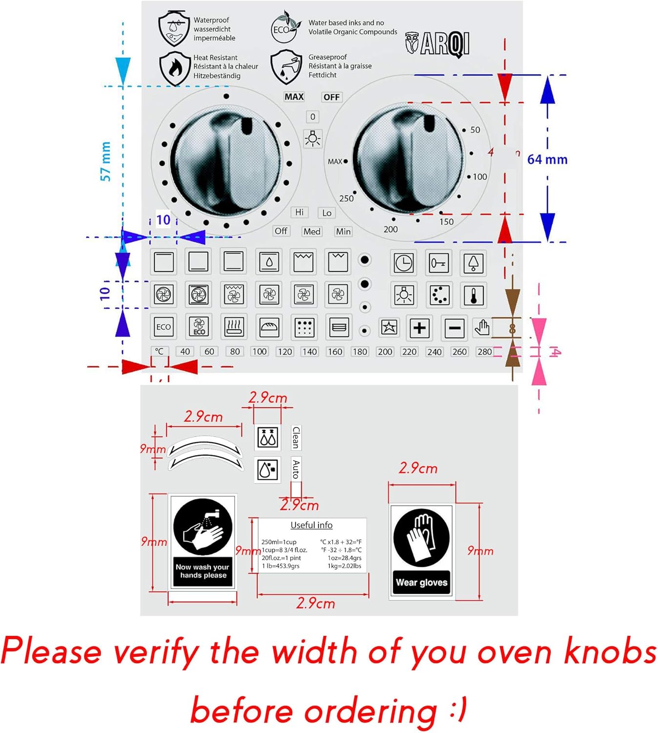 Arqi UK 64 Black on transparent Replacement Oven Stickers, Safety signs, Useful Kitchen Info, Black on Transparent Resistant PVC. Water and Grease Proof, Fits conventional and microwave oven - Image 4