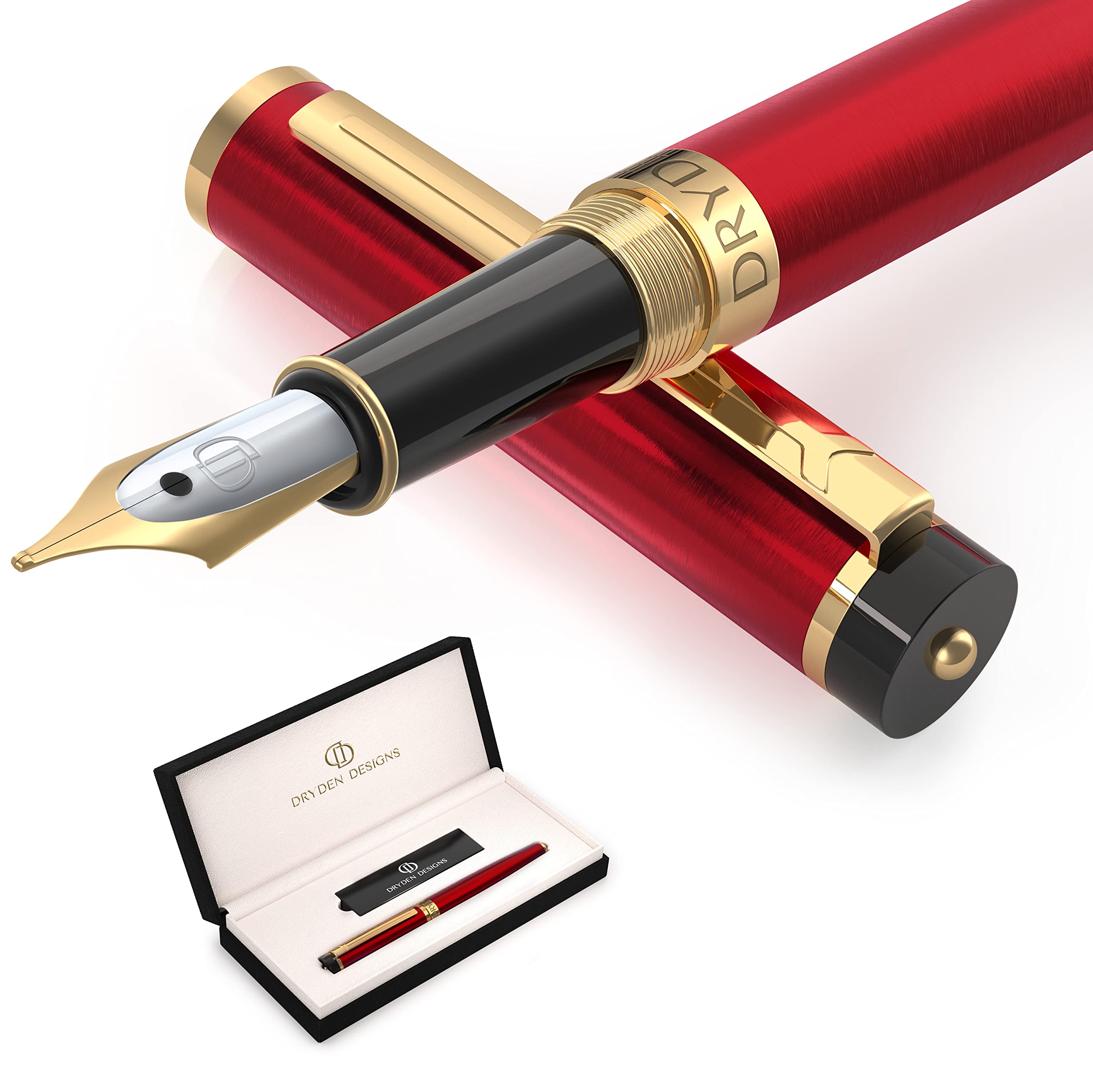 Dryden Designs Fountain Pen - Medium Nib Premium Box | 6 Ink Cartridges Included - Royal Red