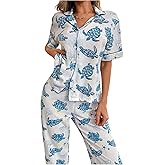OYOANGLE Women's 2 Piece Pajama Set Turtle Graphic Short Sleeve Button Down Sleepwear Pants Pjs Loungewear