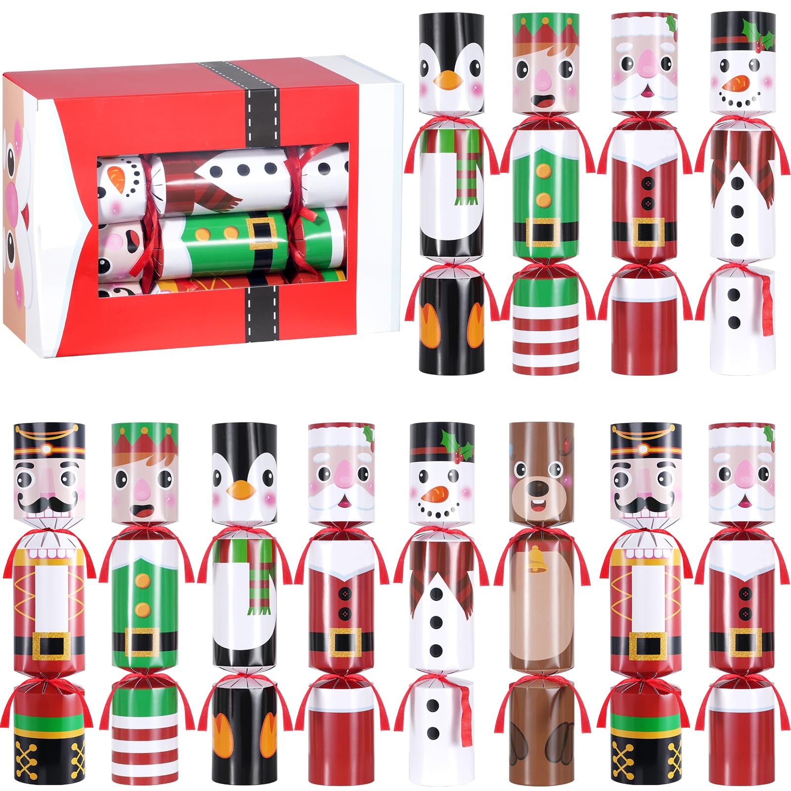 Photo 1 of 12 Pack Christmas Party Favors Non-Snap, Christmas Cute Characters Design with Party Hat, Joke, Little Gifts, 6 Styles Christmas Party Crackers with Gifts for Kids and Adults Holiday Winter Dinners
