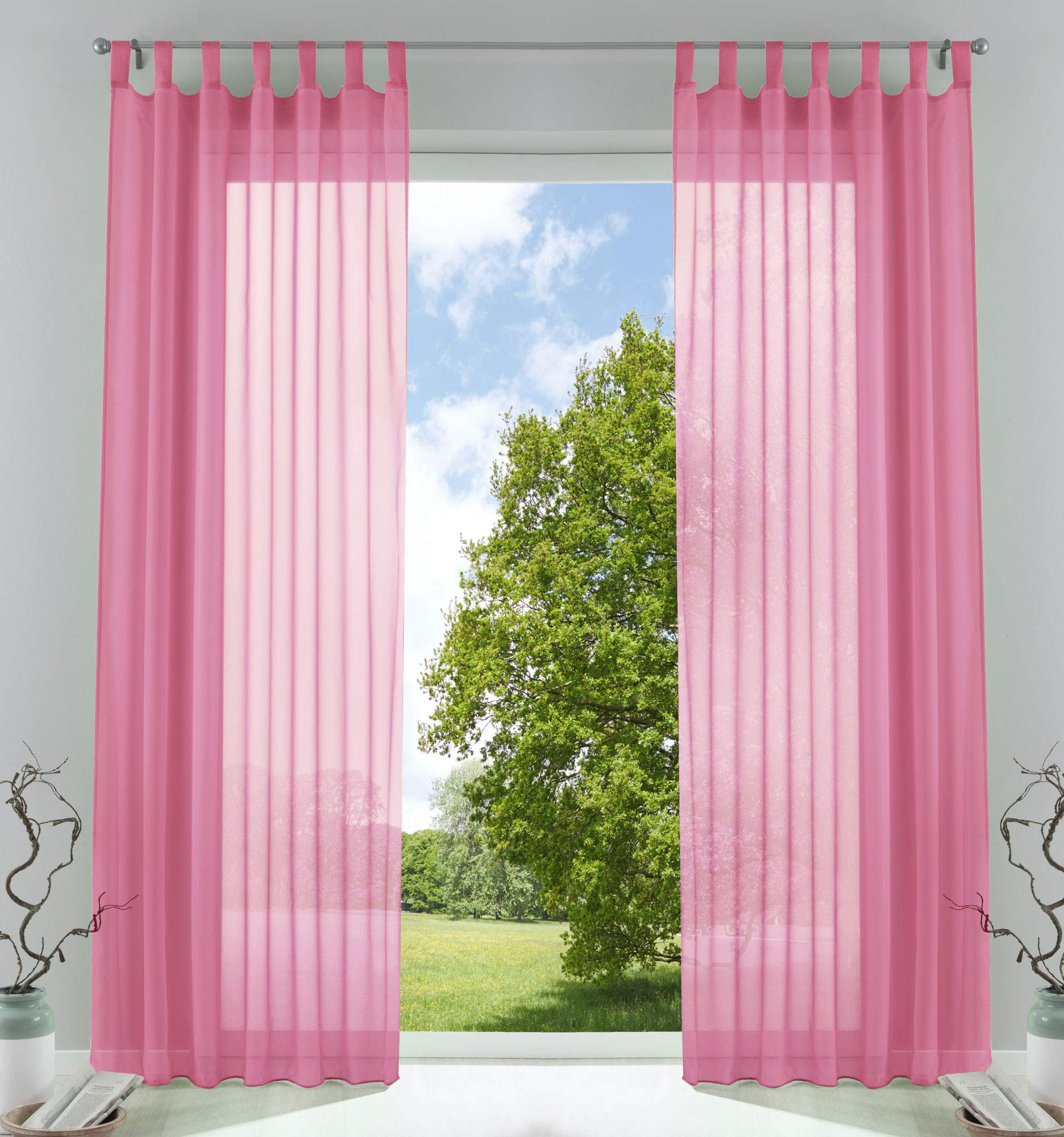 Gardinenbox Pack of 2 Transparent Curtains Set Living Room Voile Tab-Top Curtain with Lead Band Closure, 100% Polyester, Pink, H 245 x W 140 cm