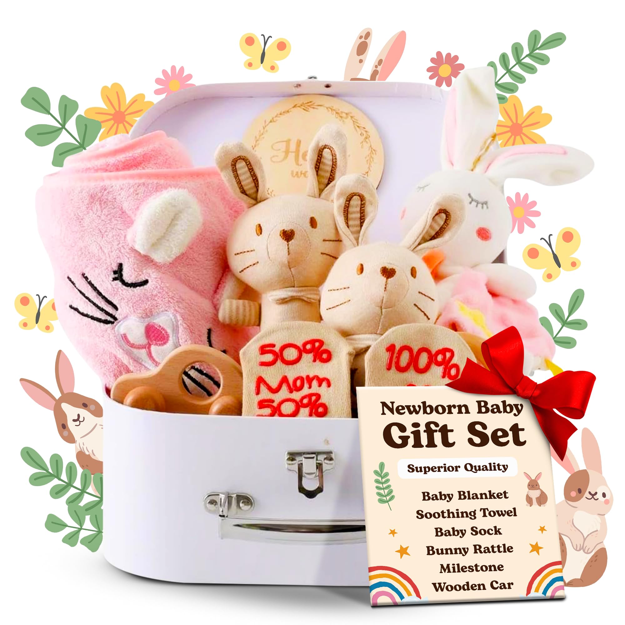 KINDEREN Baby Shower Gifts - Baby Gift Set for Girls with 8 Newborn Essentials | Baby Girl Gifts in New Baby Hamper for Baby Shower, Gender Reveal Gifts, Christening Gifts in Cute Keepsake Box