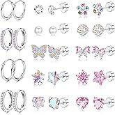 14 Pairs Hypoallergenic Earrings for Girls Women Surgical Steel Screw Back Earring for Sensitive Ears Cute Flower Butterfly Heart CZ Flat Back Earrings Girls Kids Jewelry Gift age Over 4 years old