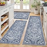 Ileading Boho Kitchen Rugs Sets 3 Piece with Runner Floral Kitchen Floor Mat Carpet Farmhouse Kitchen Rugs and Mats Non Skid Washable Runner Rug for Kitchen Floor Office Sink Laundry, Blue