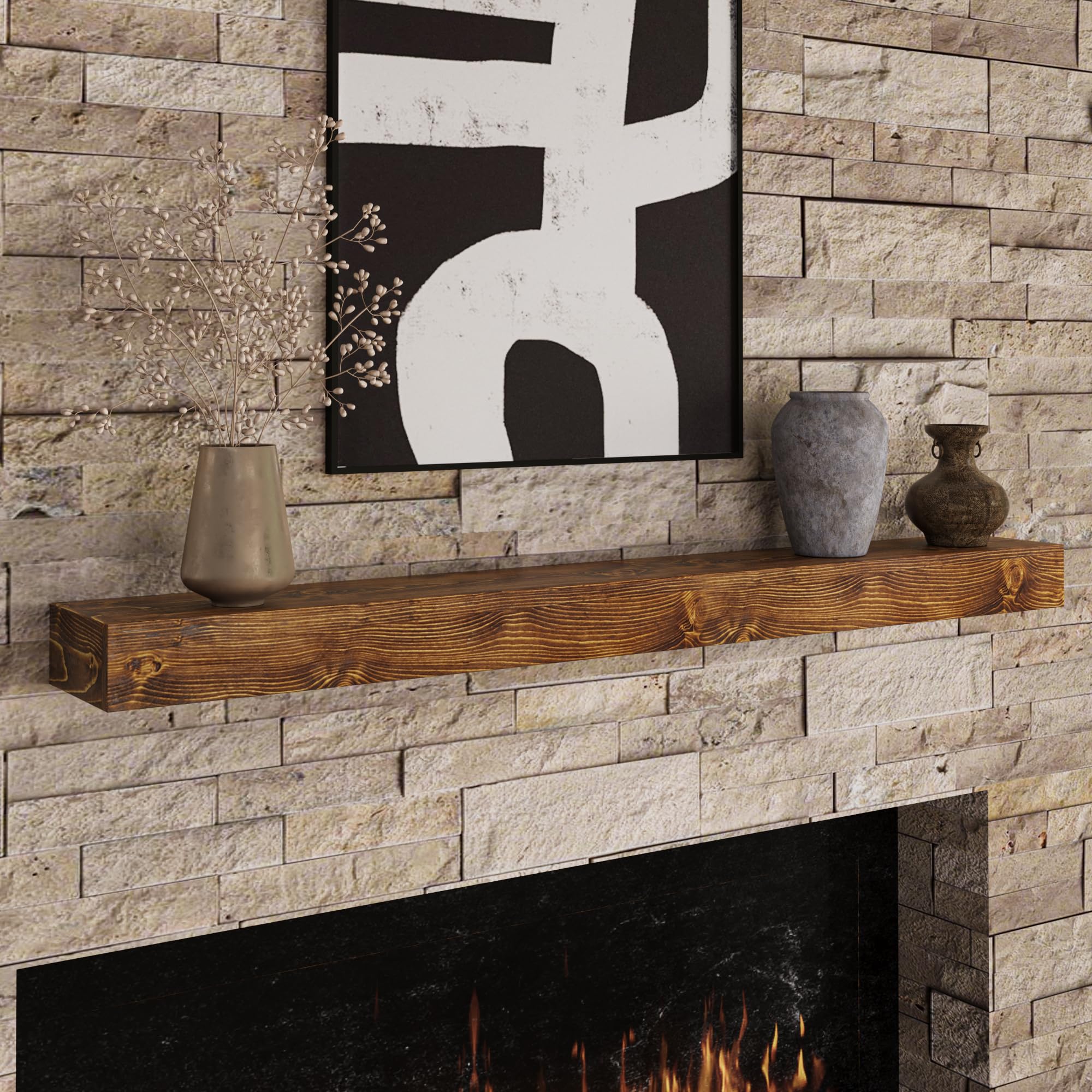 Photo 1 of Fun Memories Floating Fireplace Mantel - Handcrafted Wood Mantles for Over Fireplace - Wall Mounted Farmhouse Fireplace Mantel Shelf - 60" x 8" x 3"- Brown