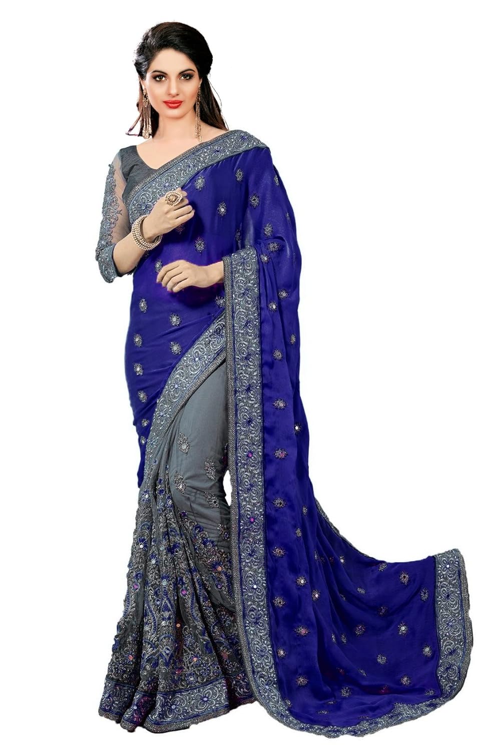 nivah fashion women's satin & net half n half embroidery work sari with blouse piece k608