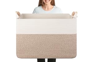OIASKET XXXL Supre Large Blanket Basket for Clothes, Towels, Pillows, 108L Cotton Rope Storage Basket for Living Room, Woven Toy Storage for Kids, 25" x 16" x 16", Brown and White