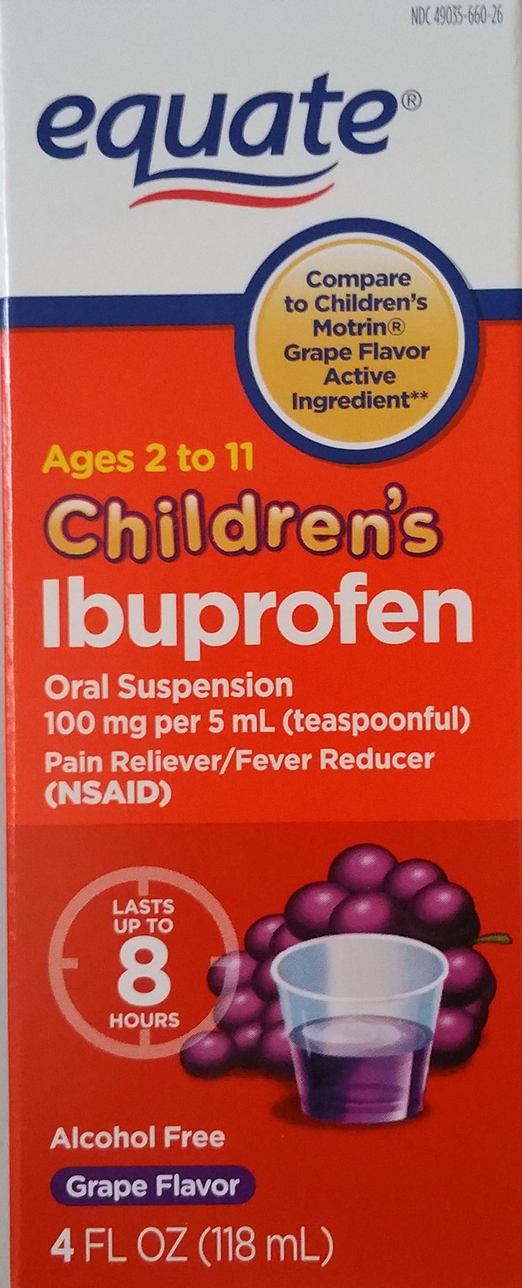 Equate Children's Ibuprofen Pain Reliever/Fever Reducer, Oral Suspension, Grape Flavor 4 Oz