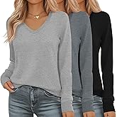Riyiper 3 Pack Women's V Neck Sweater, Long Sleeve Lightweight Tops Casual Solid Color Pullover Loose Knit Classic Sweaters