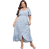KOJOOIN Womens Plus Size Summer Dress Curvy Women V Neck Button Ruffle Hem High Low Maxi Dress
