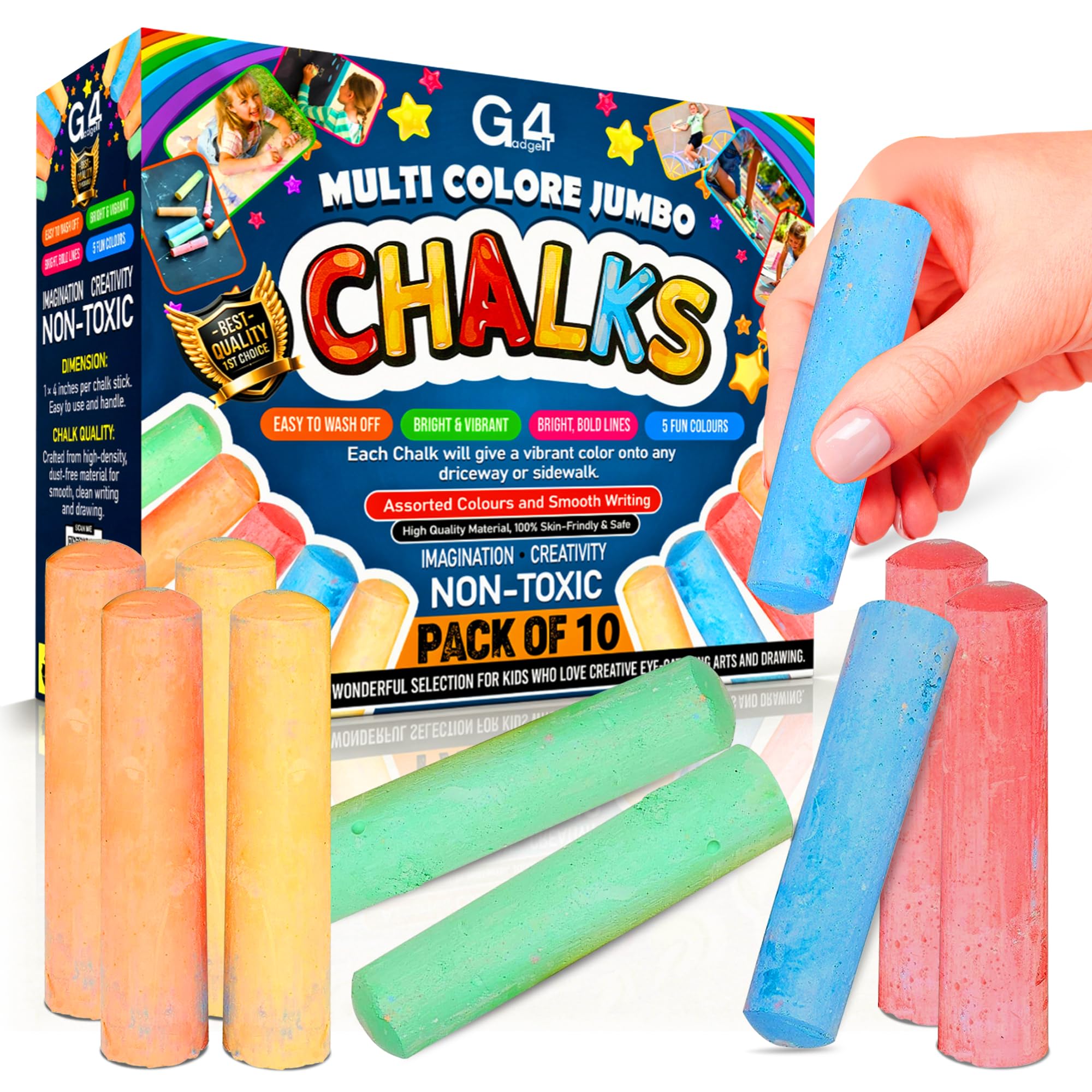 G4GADGET 10 Jumbo Chalks for Kids – Giant Chunky Outdoor Pavement Chalk – Washable Colourful Playground Sidewalk Chalks – Garden Summer Toys for Children Aged 3+