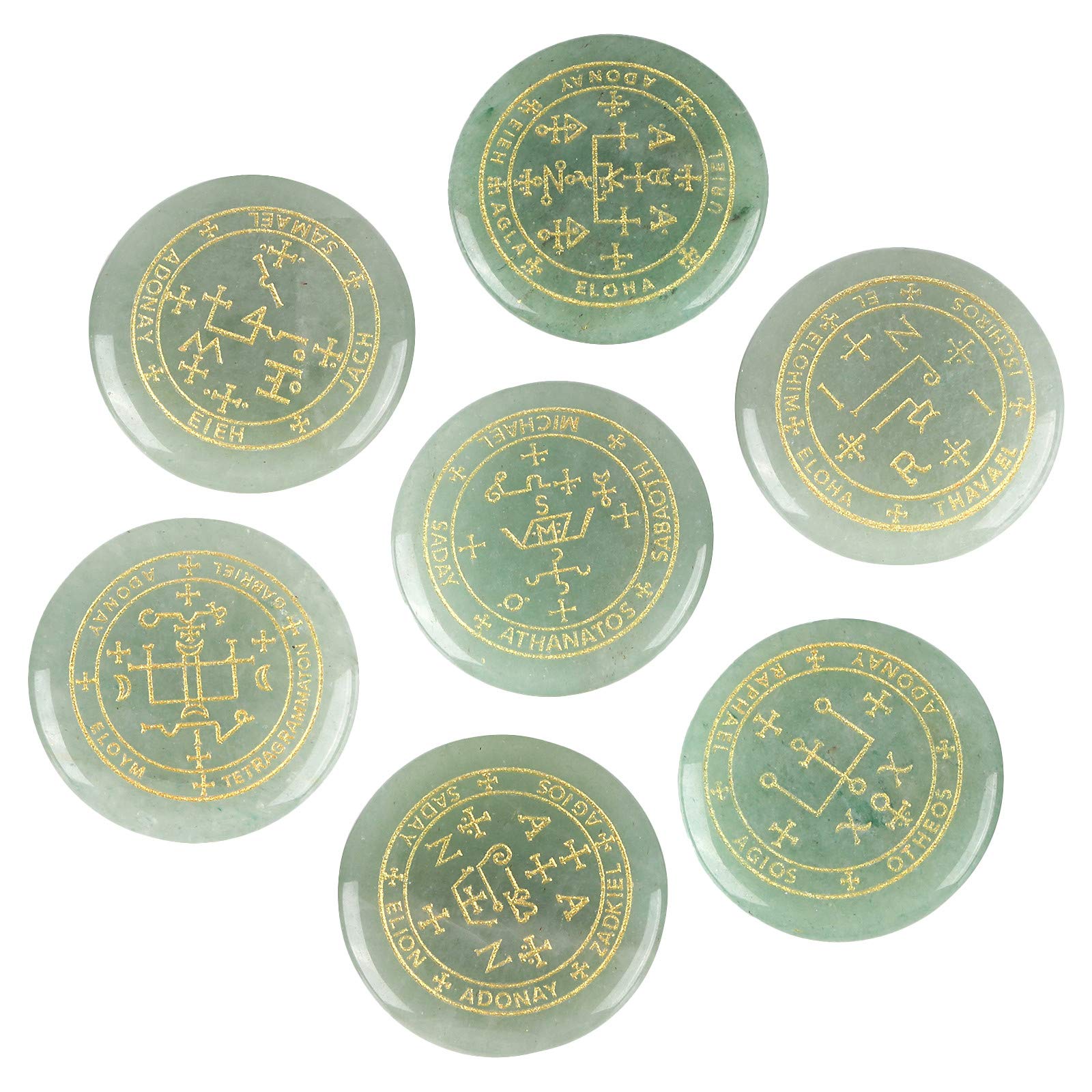 mookaitedecor 7 Piece Green Aventurine Stones with Engraved Magic Archangel Symbol Polished Palm Stone for Reiki Crystal Healing