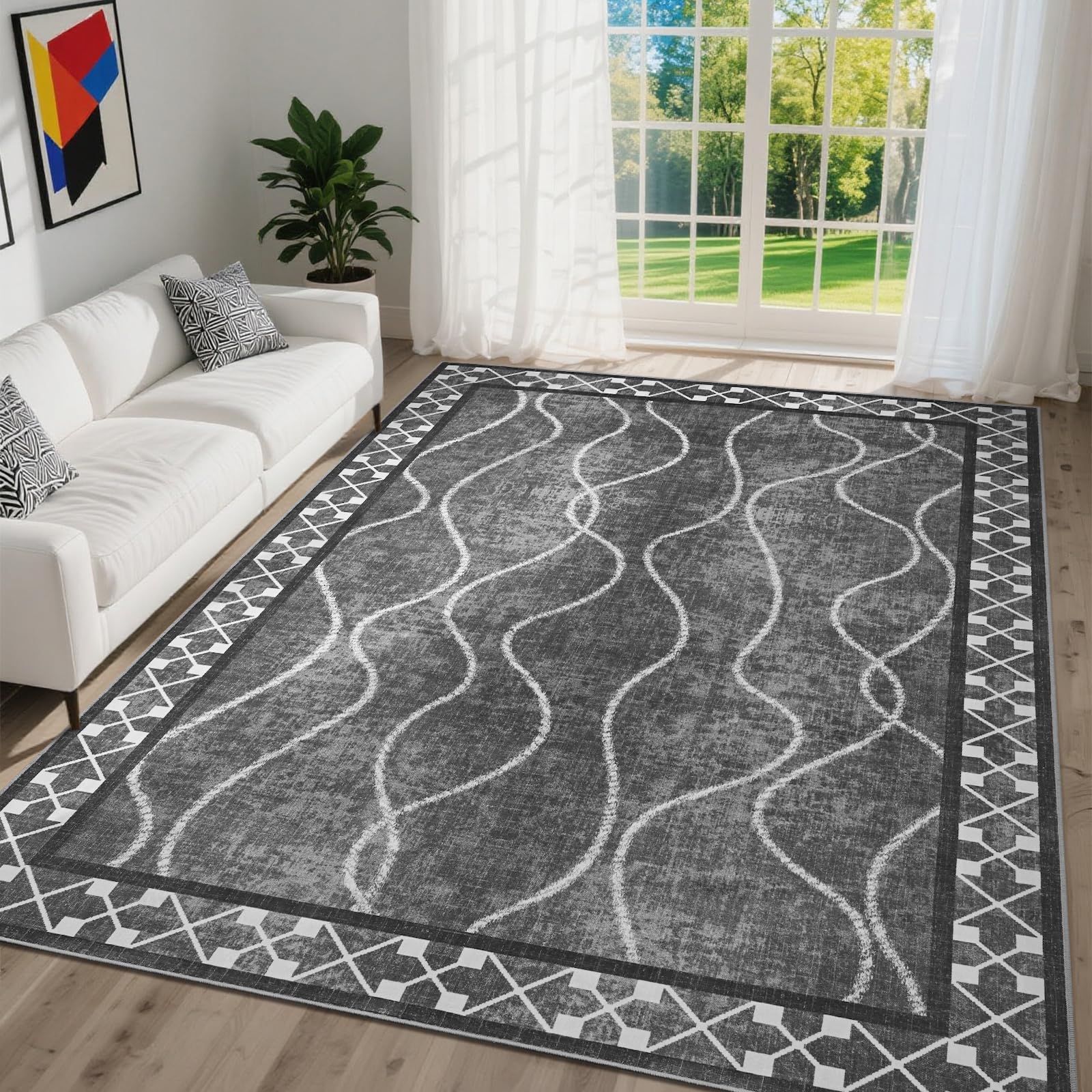 Photo 1 of DweIke Modern 4x6 Area Rugs for Living Room Bedroom, Machine Washable Non-Slip Rubber Backing Bordered Rug, Stain Resistant Low Pile Indoor Throw Carpet for Dining Room Home Decor, Black Grey