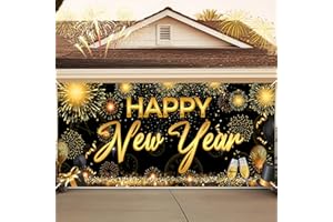 FuWeave 2026 Happy New Year Double Garage Door Decorations 7 x 16 Ft Black and Gold New Year Garage Door Cover Banner Outdoor Large Eve Backdrop for Home Wall Yard Decor (Firework)