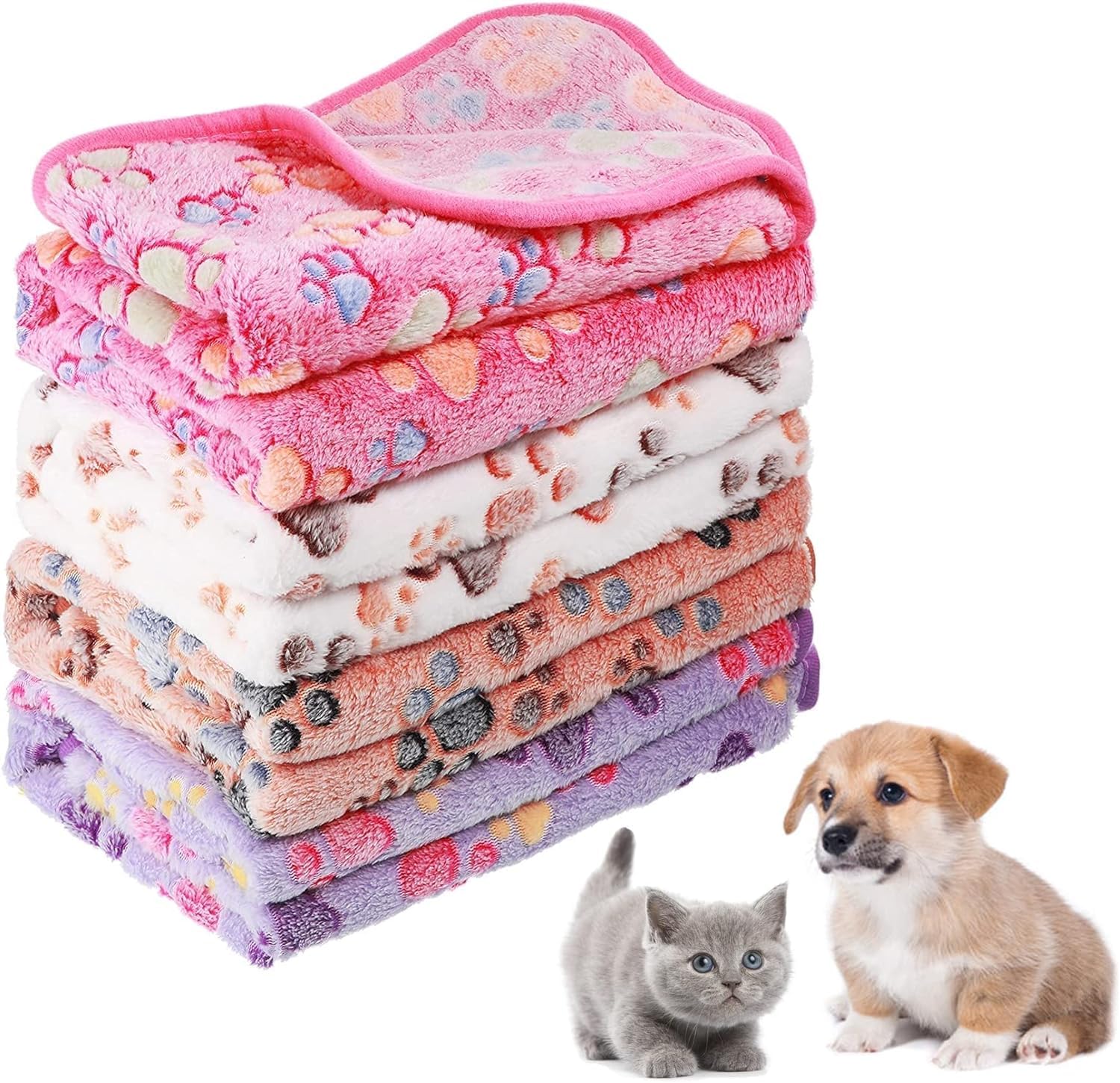 MSYU 8 Pieces Fluffy Puppy Cats Blanket with Cute Printed Paws, Soft Flannel Snuggle Blankets, Washable&Warm Pet Sleep Bed Couch Cushion Mat for Puppies Small Dogs Cats Kittens Rabbit-23.6 x 15.7in