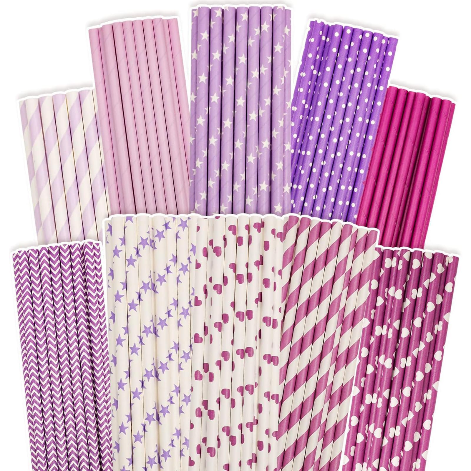 Gcardist Purple Paper Straws for Drinking Purple Disposable Straws 100pcs Bulk（10 Pattern）