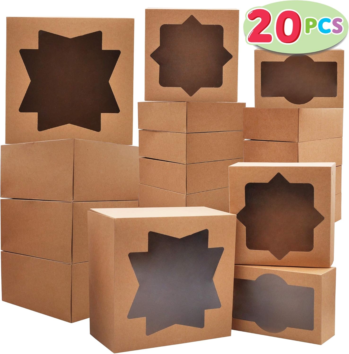 20 PCs Kraft Cardboard Bakery Cookie Boxes Set in 3 Sizes Auto-Popup with Window for Christmas Cupcakes, Cookies, Brownies, Donuts, Truffles Gift-Giving.