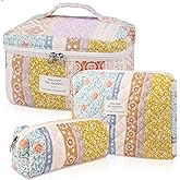 Gosect Quilted Makeup Bag Set, Large Floral Cosmetic Bag for Women, Cute Cotton Makeup Bag, Flower Travel Toiletry Organizer Bag(Color-Coded Floral)
