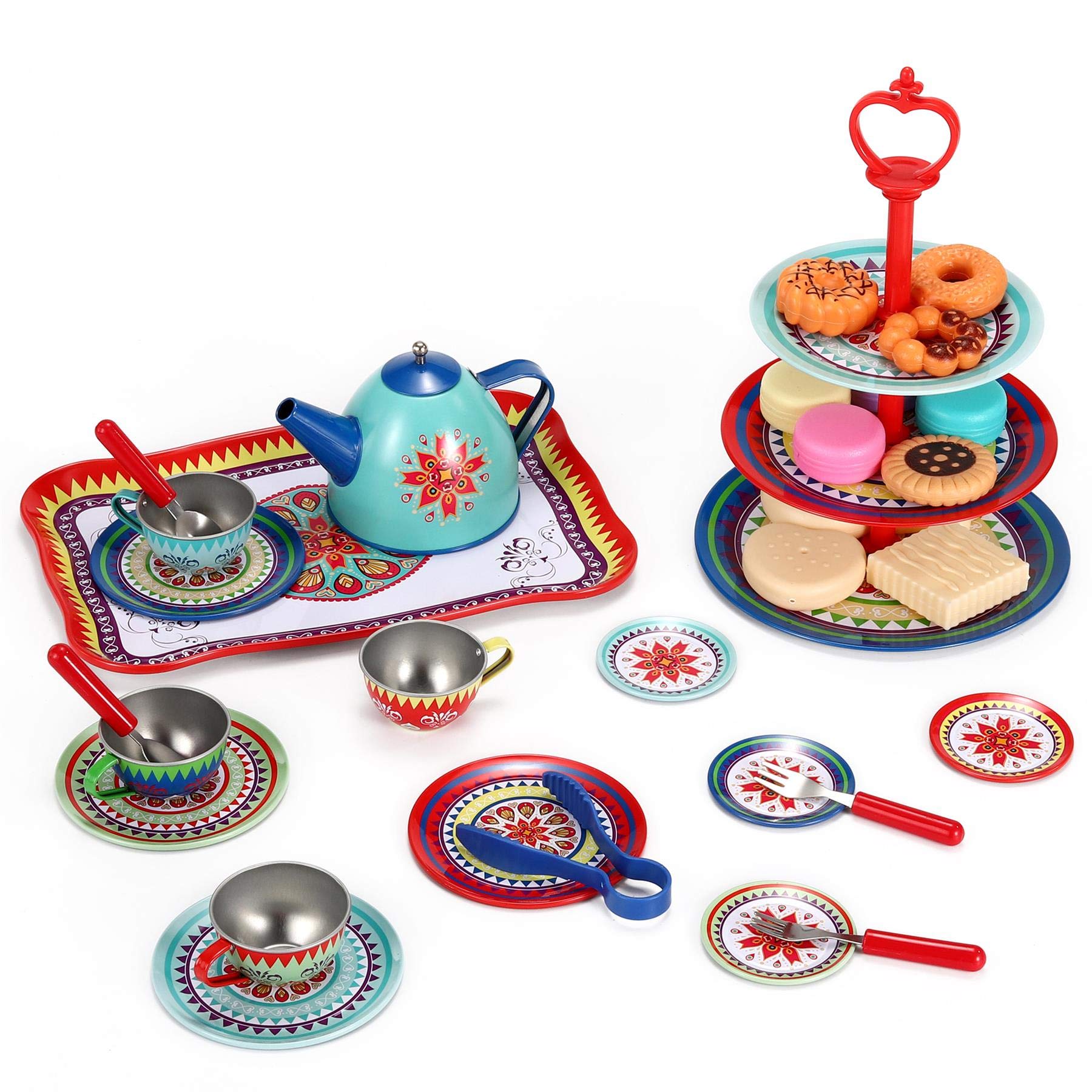 SOKA Play Imagine Learn Vintage Style Afternoon Metal Tea Party Tea Cakes Set Toy for Kids - 40 Pcs Classic Colourful Design Toy Tea Set for Children Role Pretend Play Food