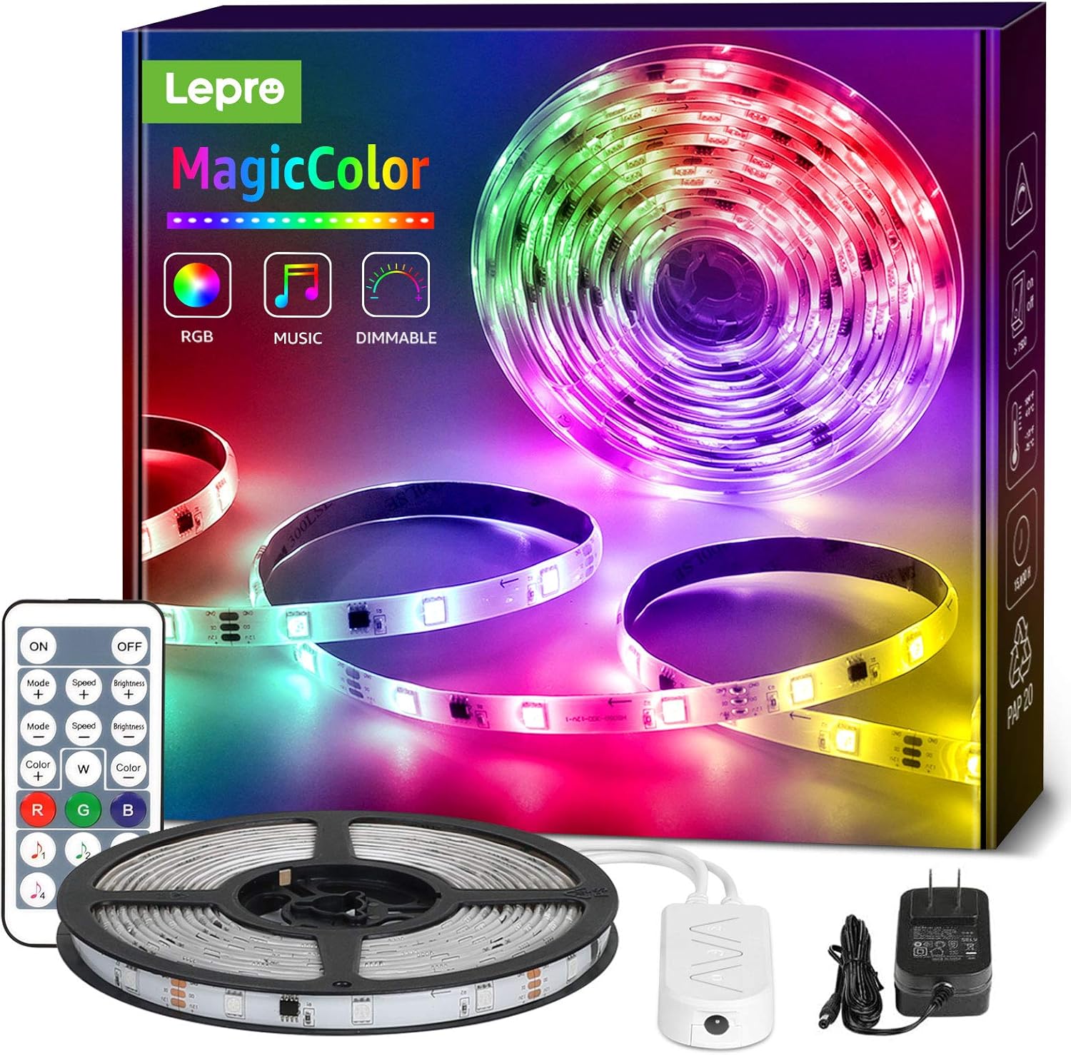 Amazon Co Jp Lepro Ledテープライト Magiccolor 流れるテープ 虹色 アドレサブル テープ ミュージックセンサー搭載 音に反応 動きのある 音楽ledテープ Rgb 5m 防水仕様 室内室外兼用 キーリモコン 調光調色 Smd5050 150led クリスマス 飾り 間接照明 両面テープ