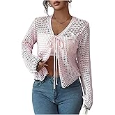 OYOANGLE Women's Hollow Out Tie Front Cardigan Sweater Embroidery Long Sleeve Lightweight Crochet Tops