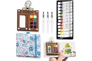 MUZMDNI Mini Portable Watercolor Palette Set-Grid Paint Box with Binder Clips Include 12 Colors Paint - Brush*3 and Picture Album Art Materials Coloring Markers (Blue Wood-S)
