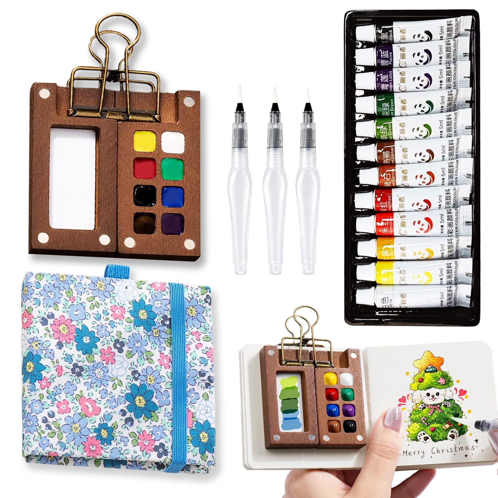 Photo 1 of MUZMDNI Mini Portable Watercolor Palette Set-Grid Paint Box with Binder Clips Include 12 Colors Paint - Brush*3 and Picture Album Art Materials Coloring Markers for Travel, Creative Drawing Kit for Beginners and Art Enthusiasts((Blue Wood-S)