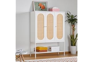 QEIUZON Wardrobe Closet, Rattan Freestanding Wardrobe Cabinet with Storage Cubes & Hanging Rod, Bedroom Armoire, 3-Doors-White