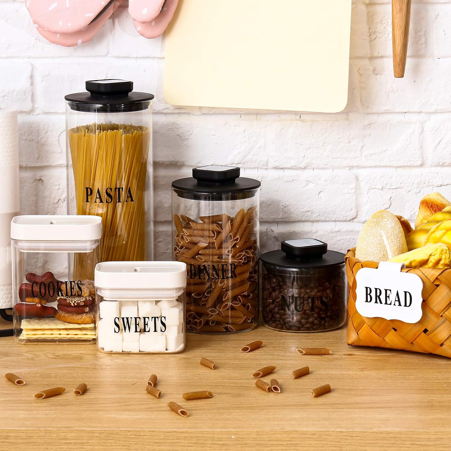 8 Pieces Kitchen Clip Label Holders Removable Acrylic Bin Clips with 40 Pieces Pantry Labels Stickers for Storage Baskets (White Label Holders and Black Words): Furniture & Decor