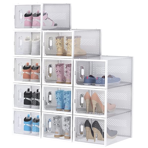 SIMPDIY SHOE BOX, 12 PACK LARGE SHOE STORAGE BOXES CLEAR PLASTIC STACKABLE, SHOE ORGANIZER CONTAINERS WITH LIDS FOR SIZE 13