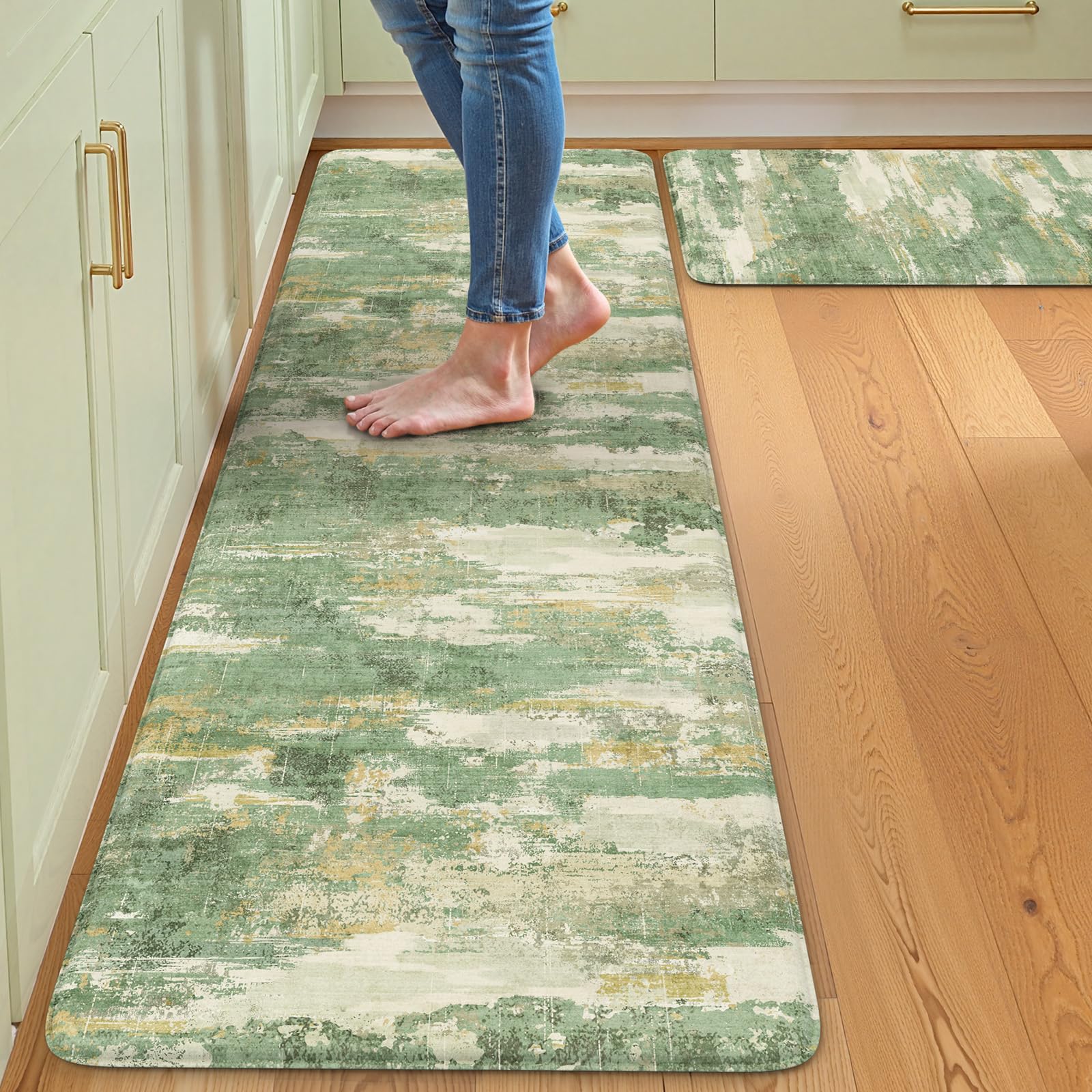 Photo 1 of Collive Anti Fatigue Mats for Kitchens Floor, Abstract Non Skid Kitchen Rugs Sets of 2 Green Modern Standing Mat, Foam Cushioned Comfort Carpet for Office, Sink, Home Decor, 17"x59"+17"x29"